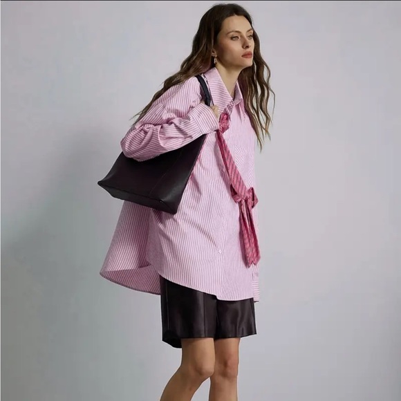 Bow Detail Oversized Striped Shirt Blouse - Picture 7 of 10